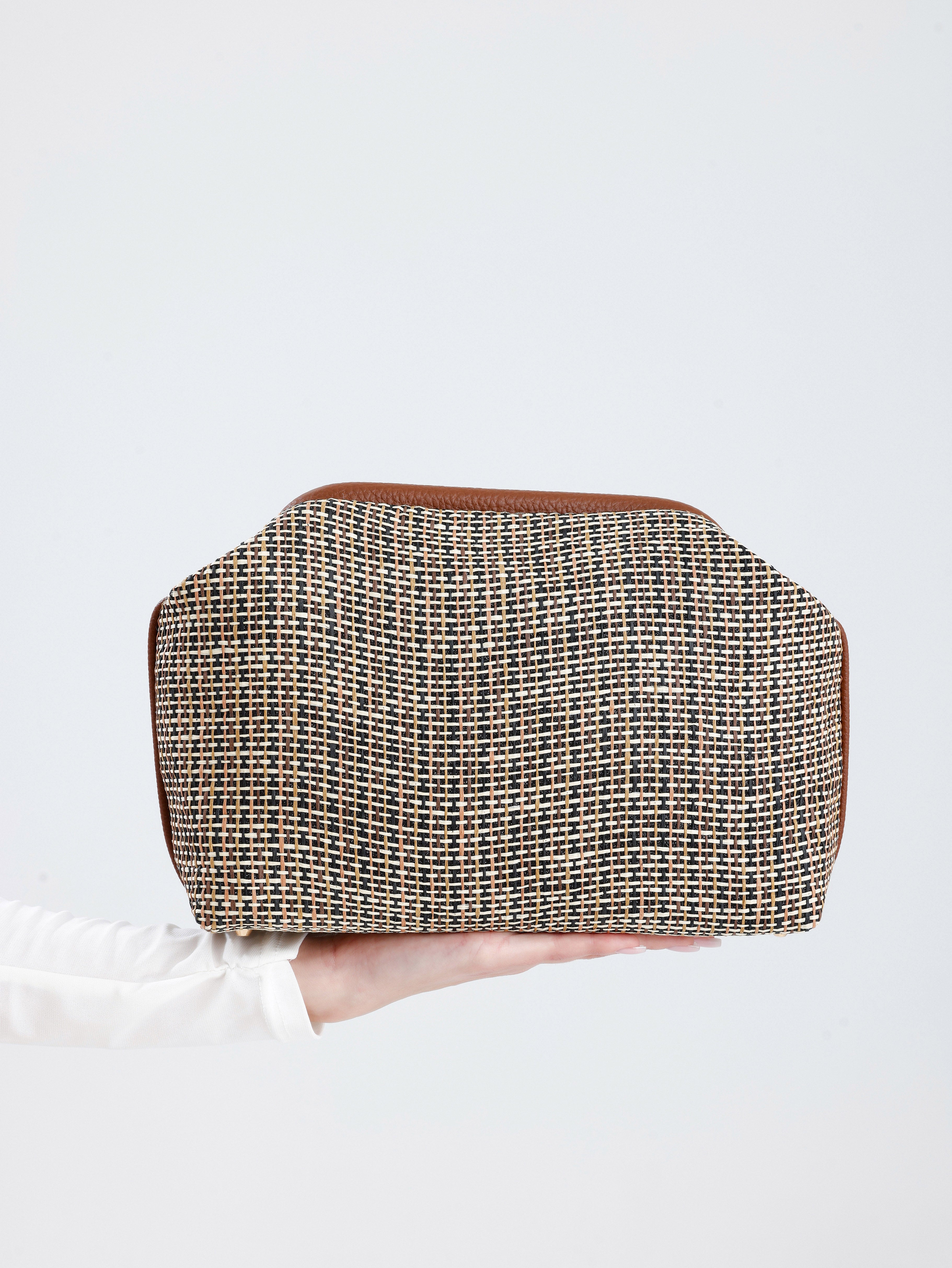 Heybes Kadın Çizgili Jüt Hasır Clutch El Çantası