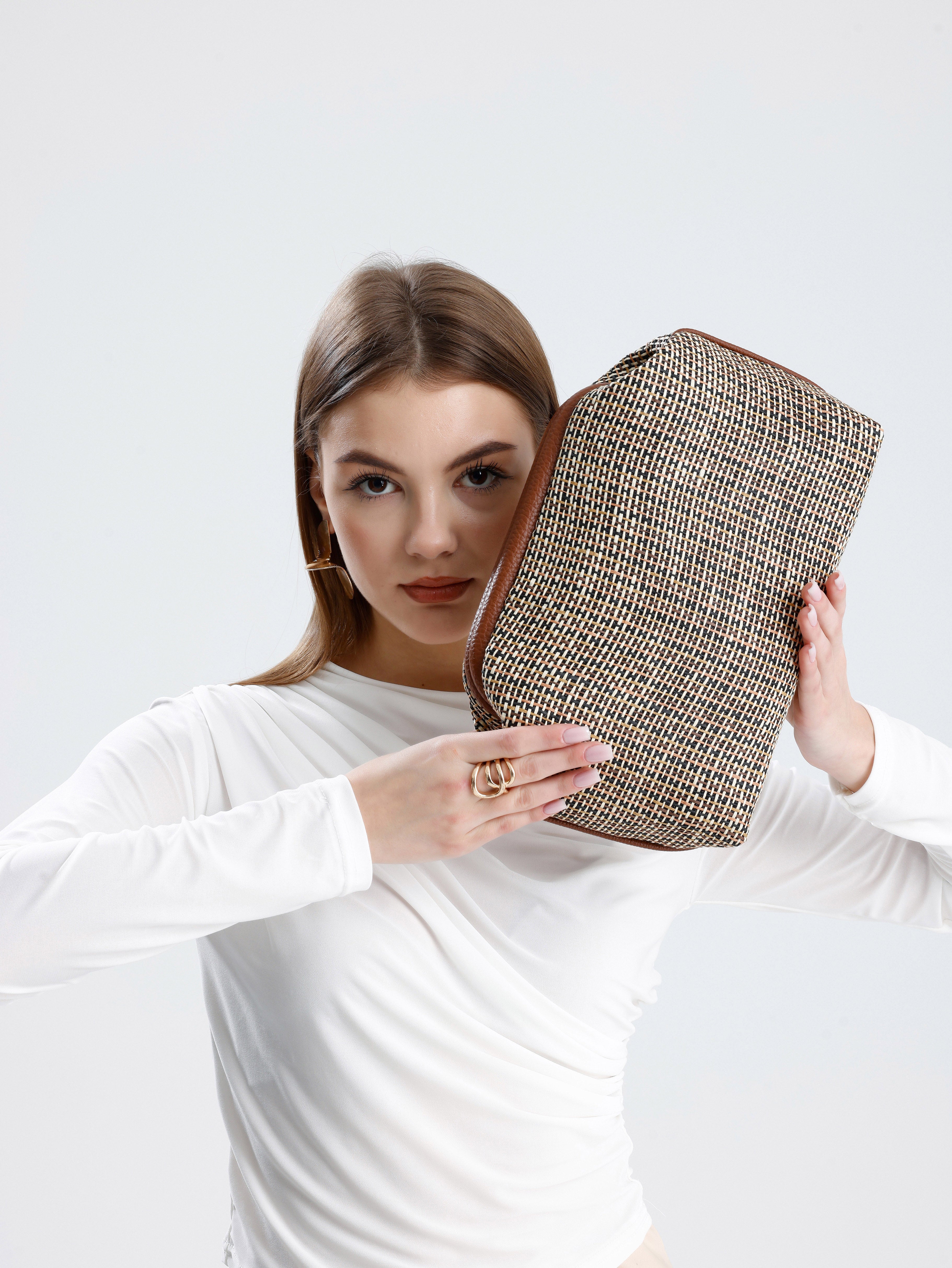 Heybes Kadın Çizgili Jüt Hasır Clutch El Çantası