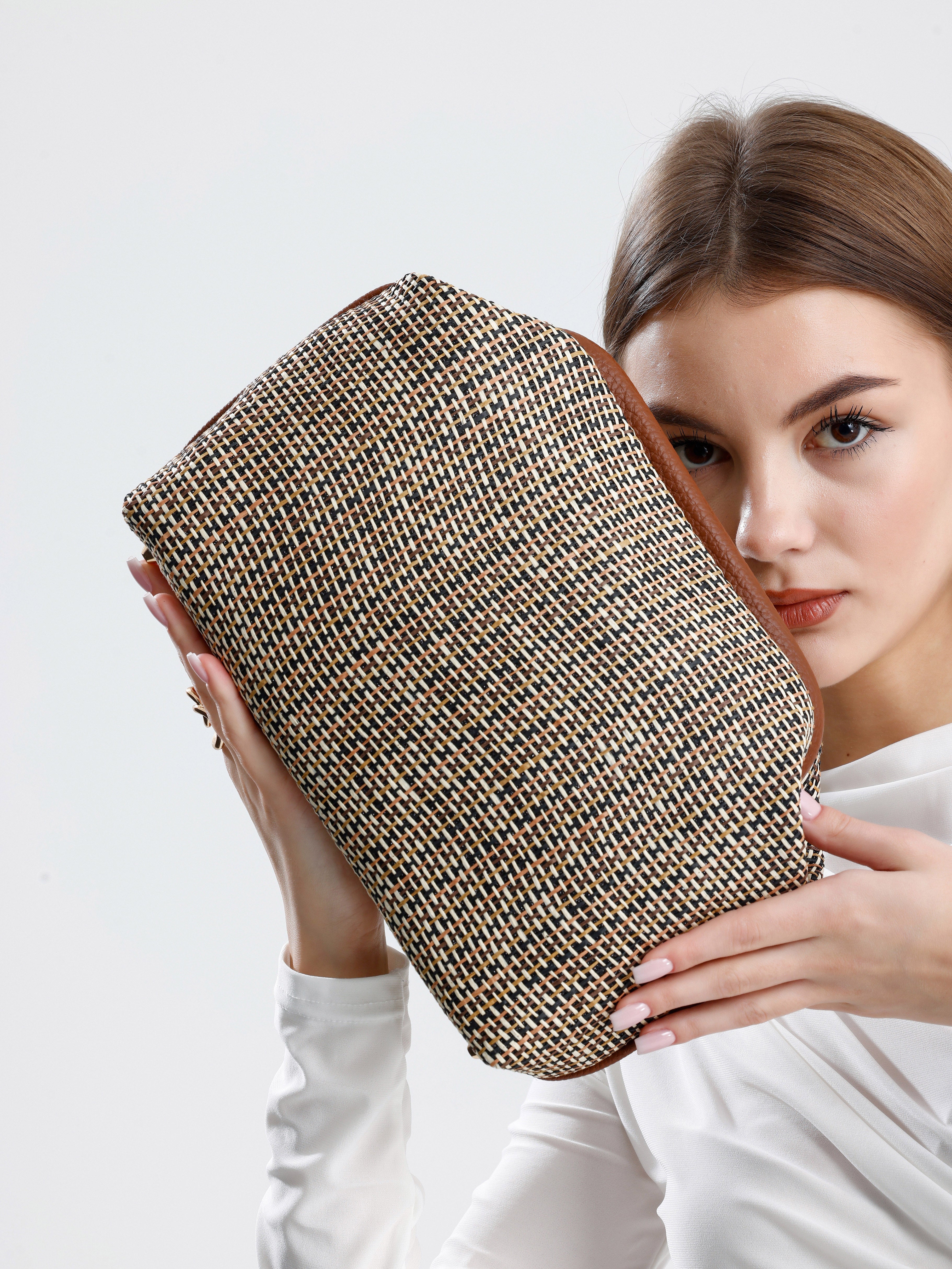 Heybes Kadın Çizgili Jüt Hasır Clutch El Çantası
