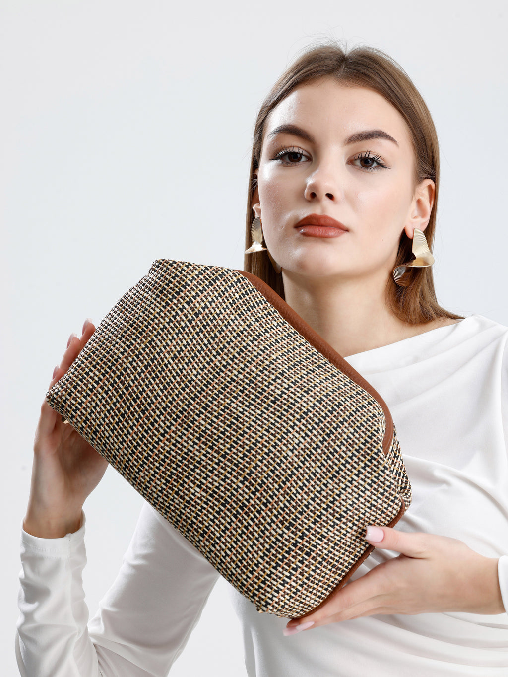 Heybes Kadın Çizgili Jüt Hasır Clutch El Çantası