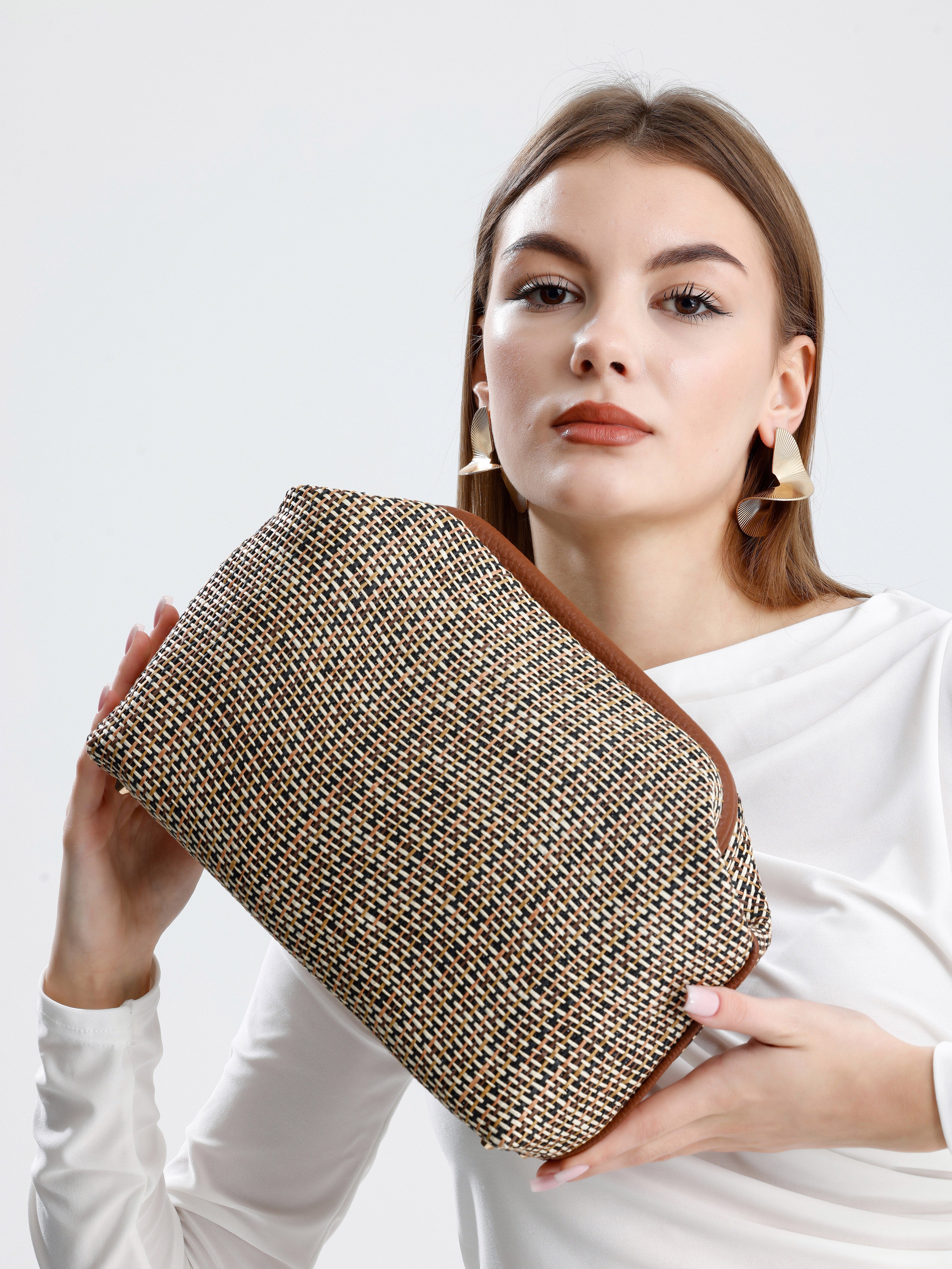Heybes Kadın Çizgili Jüt Hasır Clutch El Çantası