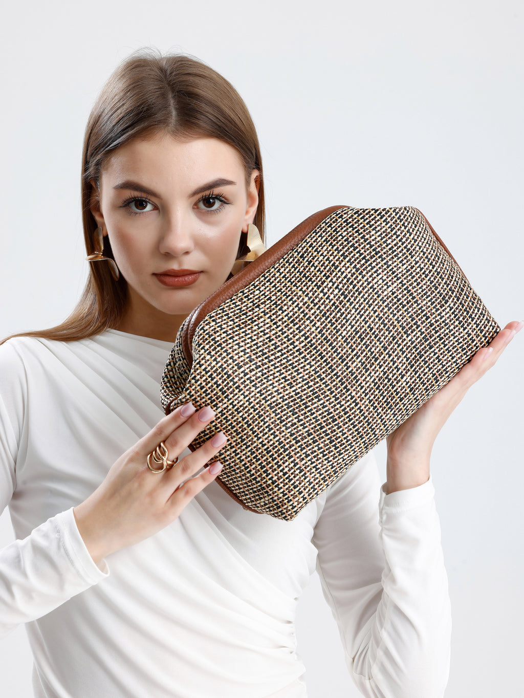 Heybes Kadın Çizgili Jüt Hasır Clutch El Çantası