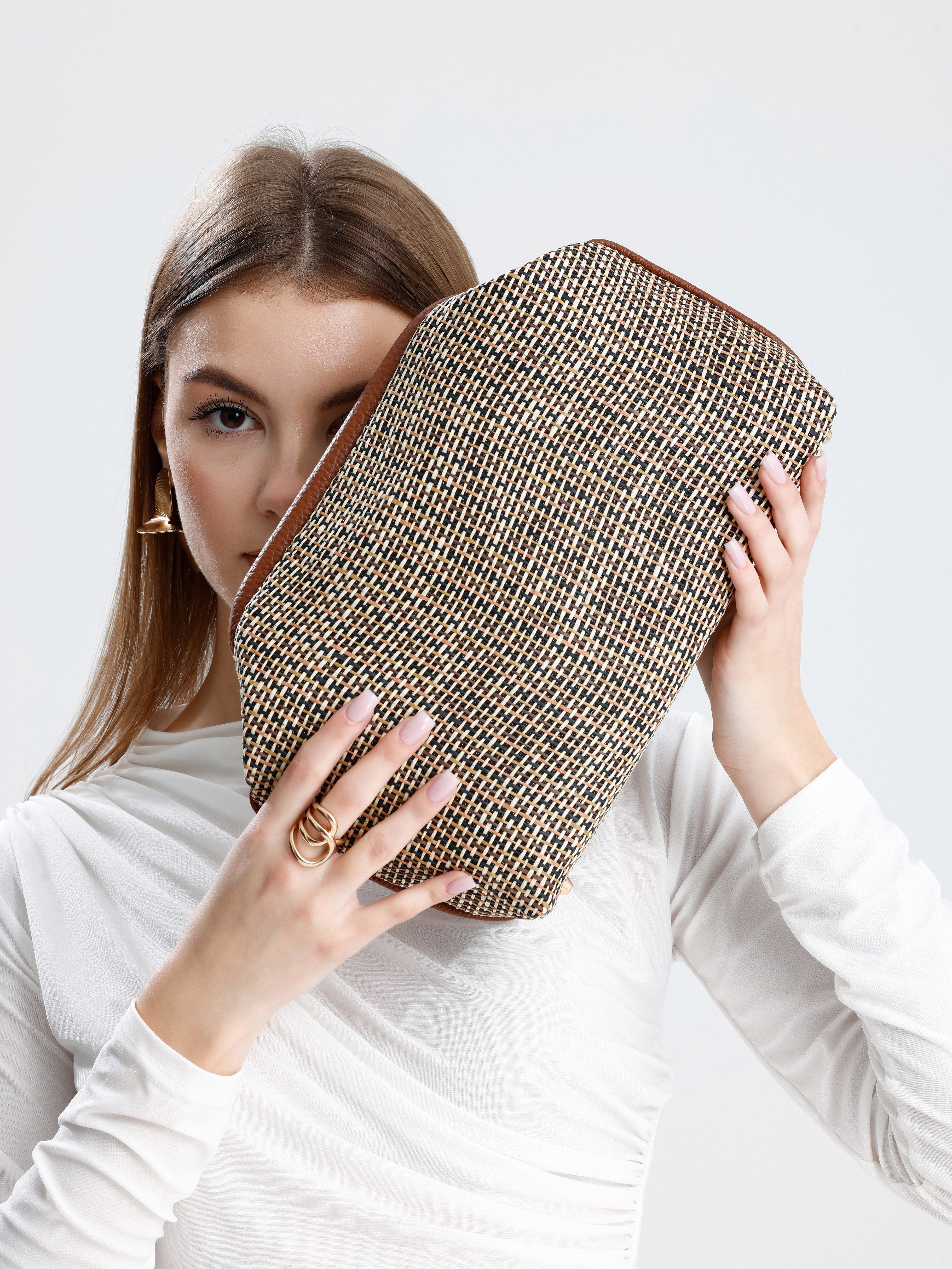 Heybes Kadın Çizgili Jüt Hasır Clutch El Çantası