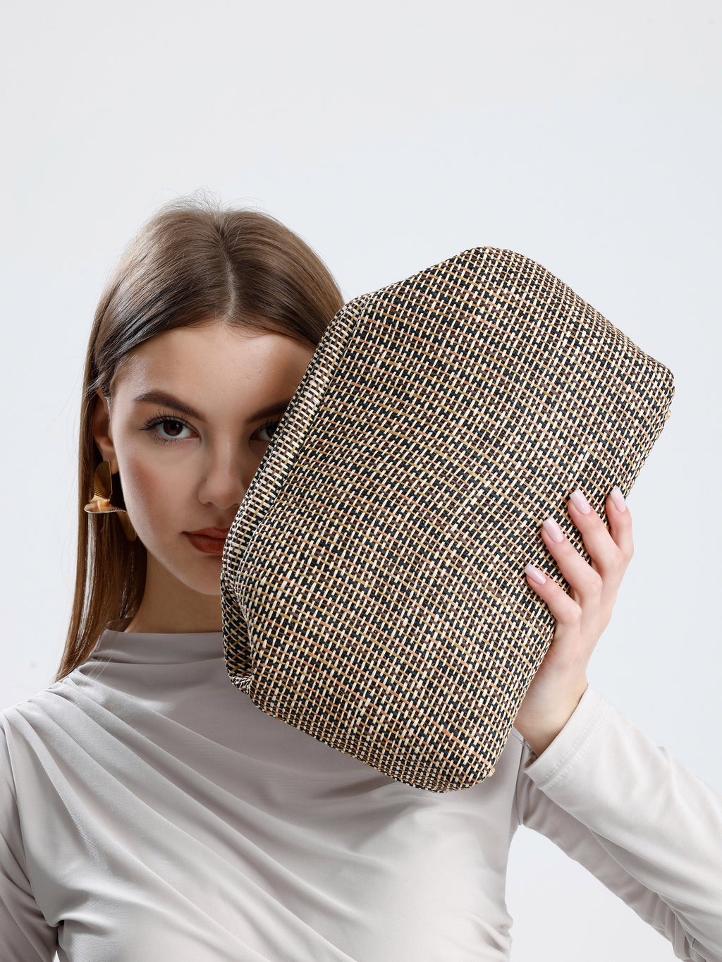 Heybes Kadın Çizgili Jüt Hasır Clutch El Çantası