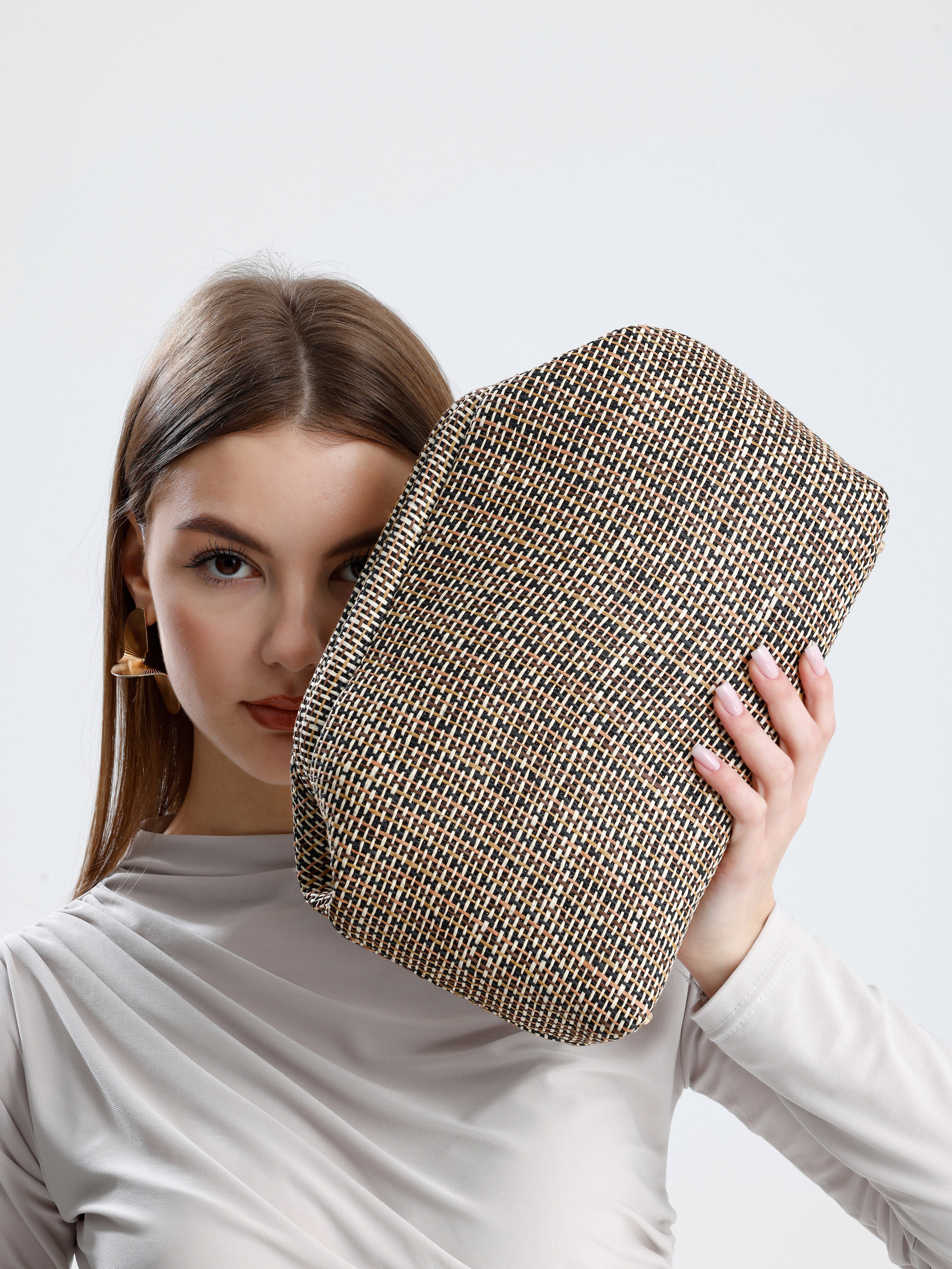 Heybes Kadın Çizgili Jüt Hasır Clutch El Çantası