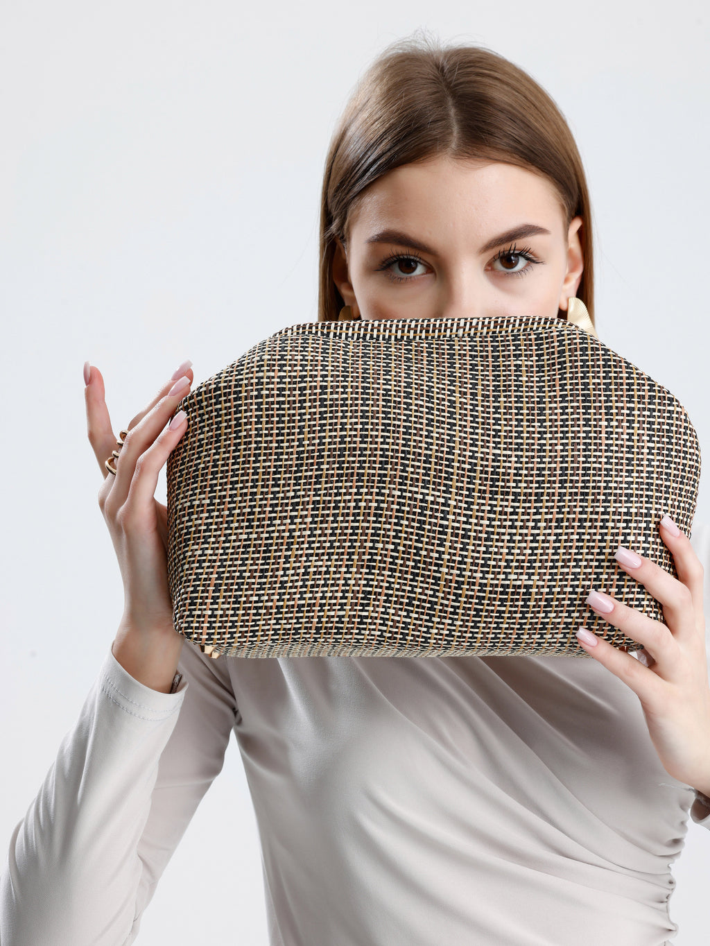 Heybes Kadın Çizgili Jüt Hasır Clutch El Çantası