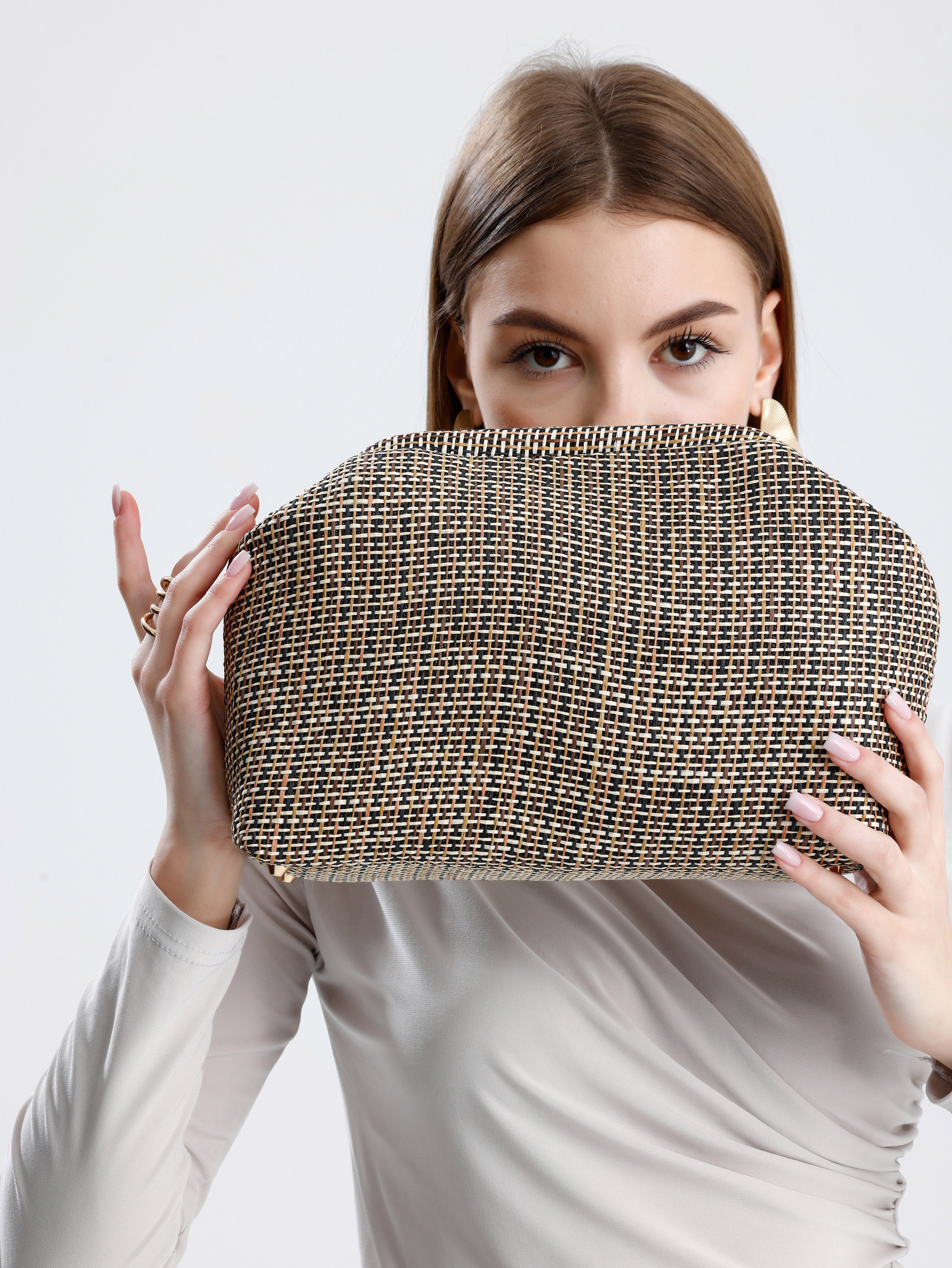 Heybes Kadın Çizgili Jüt Hasır Clutch El Çantası