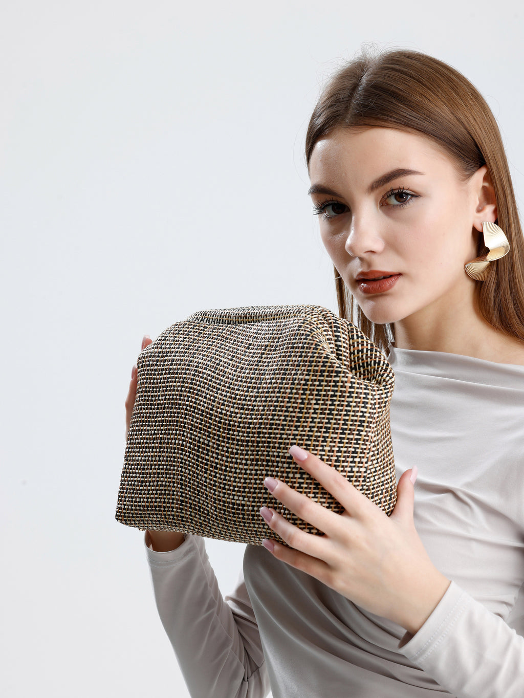 Heybes Kadın Çizgili Jüt Hasır Clutch El Çantası