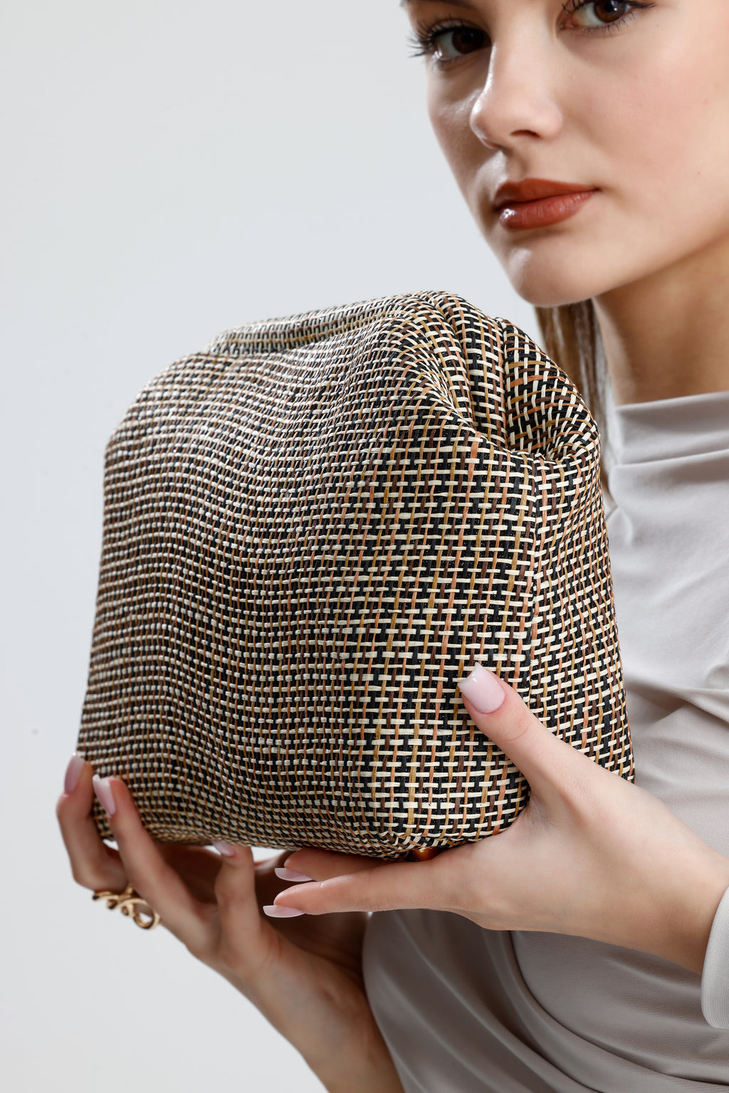 Heybes Kadın Çizgili Jüt Hasır Clutch El Çantası
