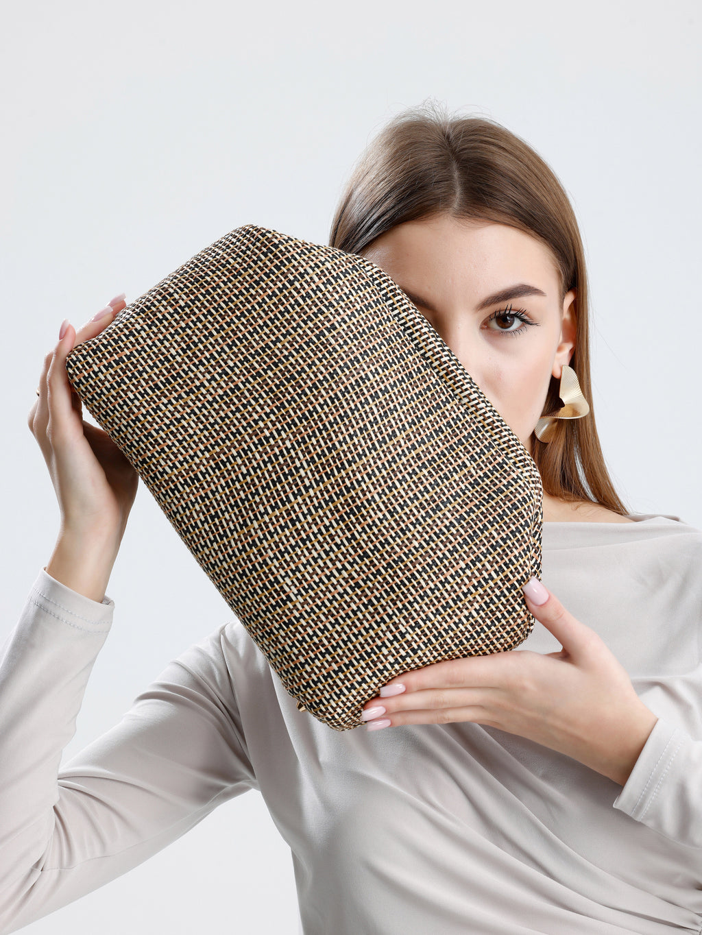 Heybes Kadın Çizgili Jüt Hasır Clutch El Çantası