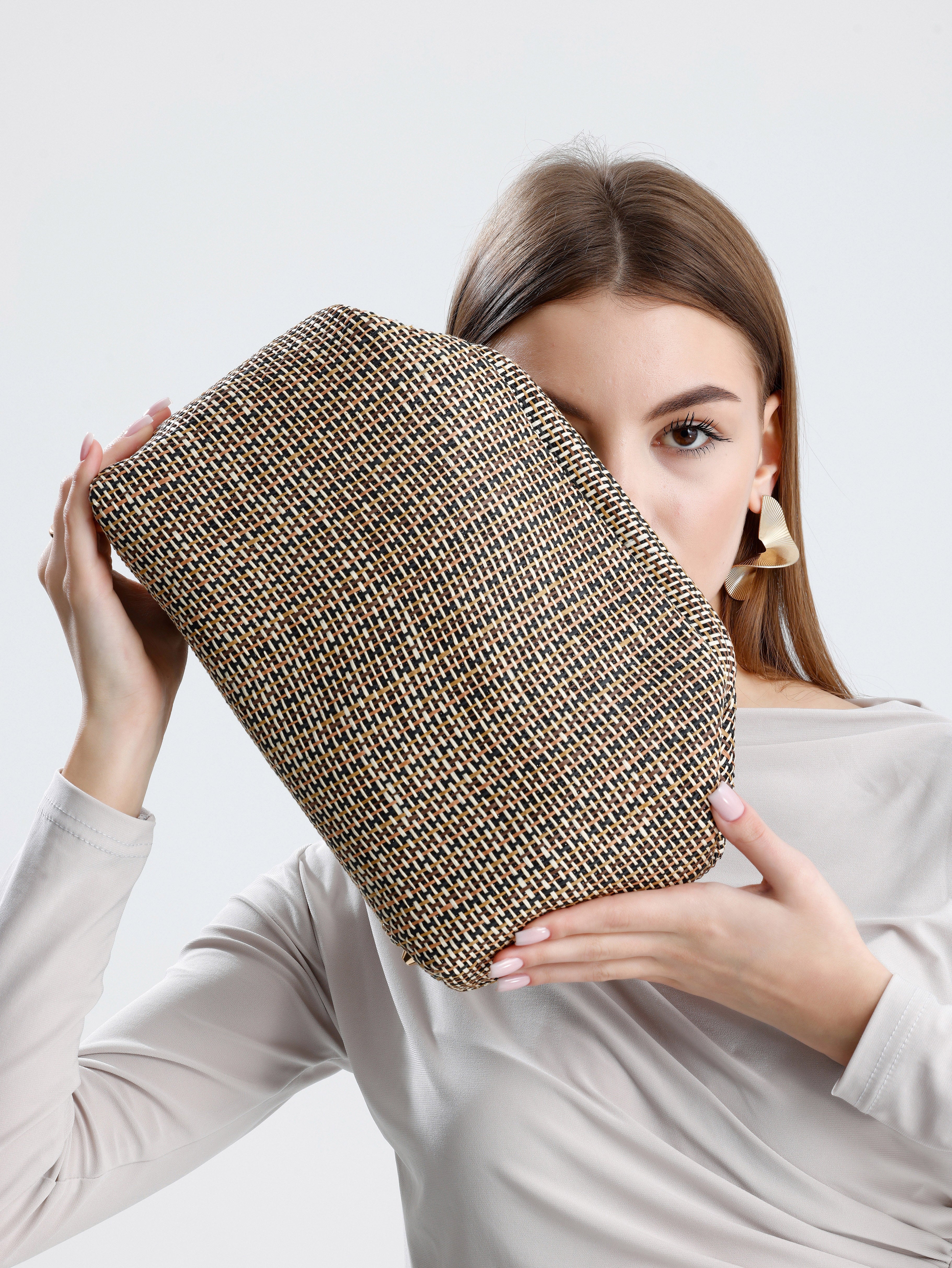 Heybes Kadın Çizgili Jüt Hasır Clutch El Çantası