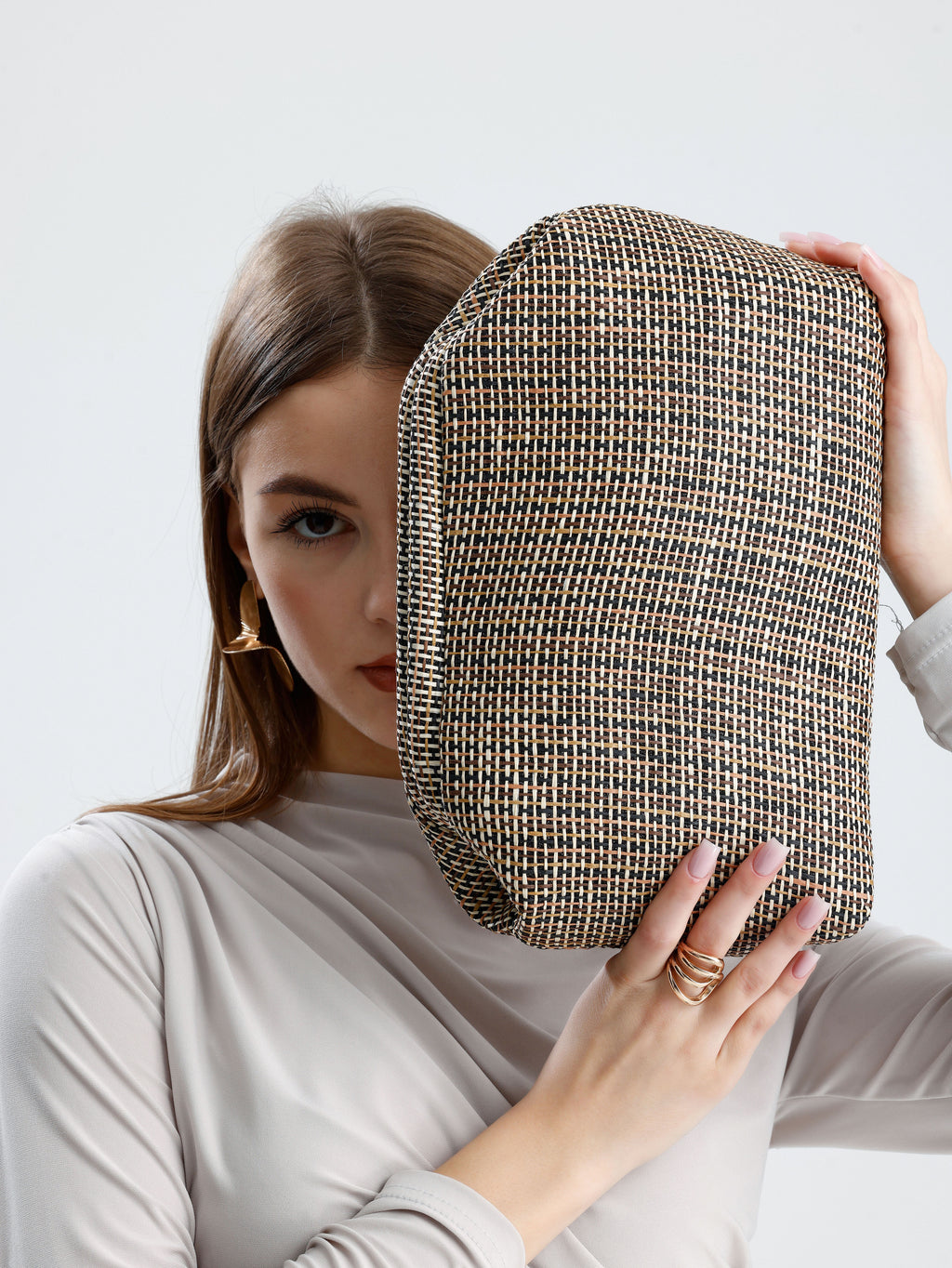 Heybes Kadın Çizgili Jüt Hasır Clutch El Çantası