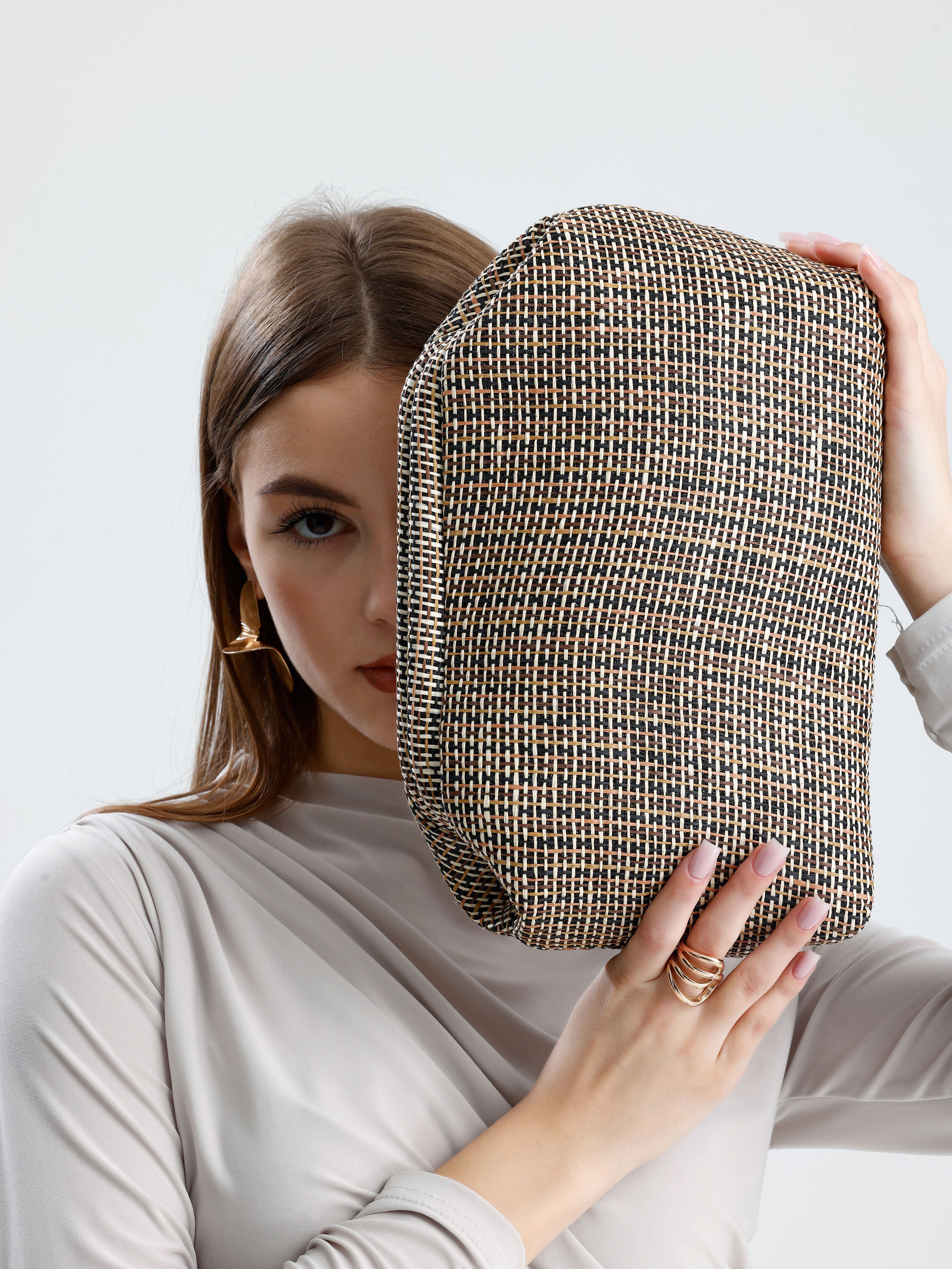 Heybes Kadın Çizgili Jüt Hasır Clutch El Çantası