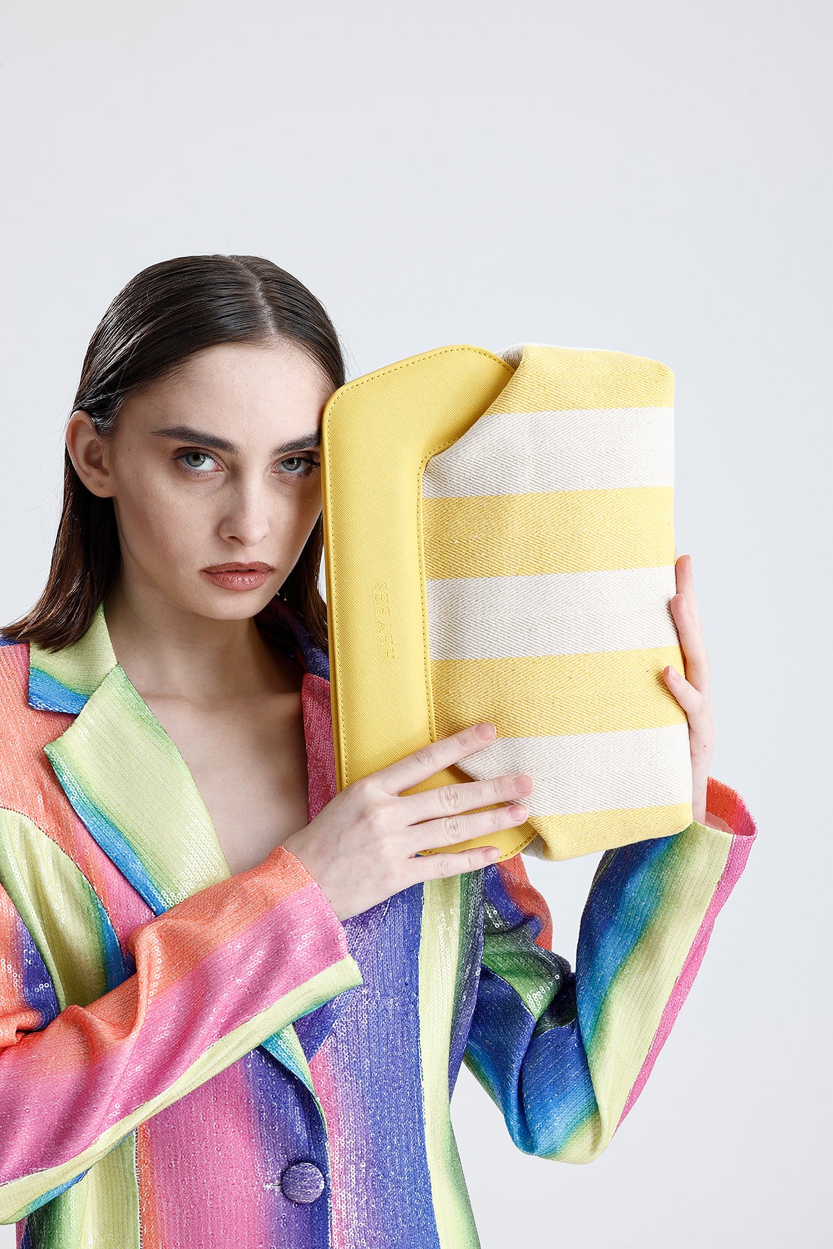 Heybes Kadın Çizgi Desenli Kanvas Clutch El Çantası