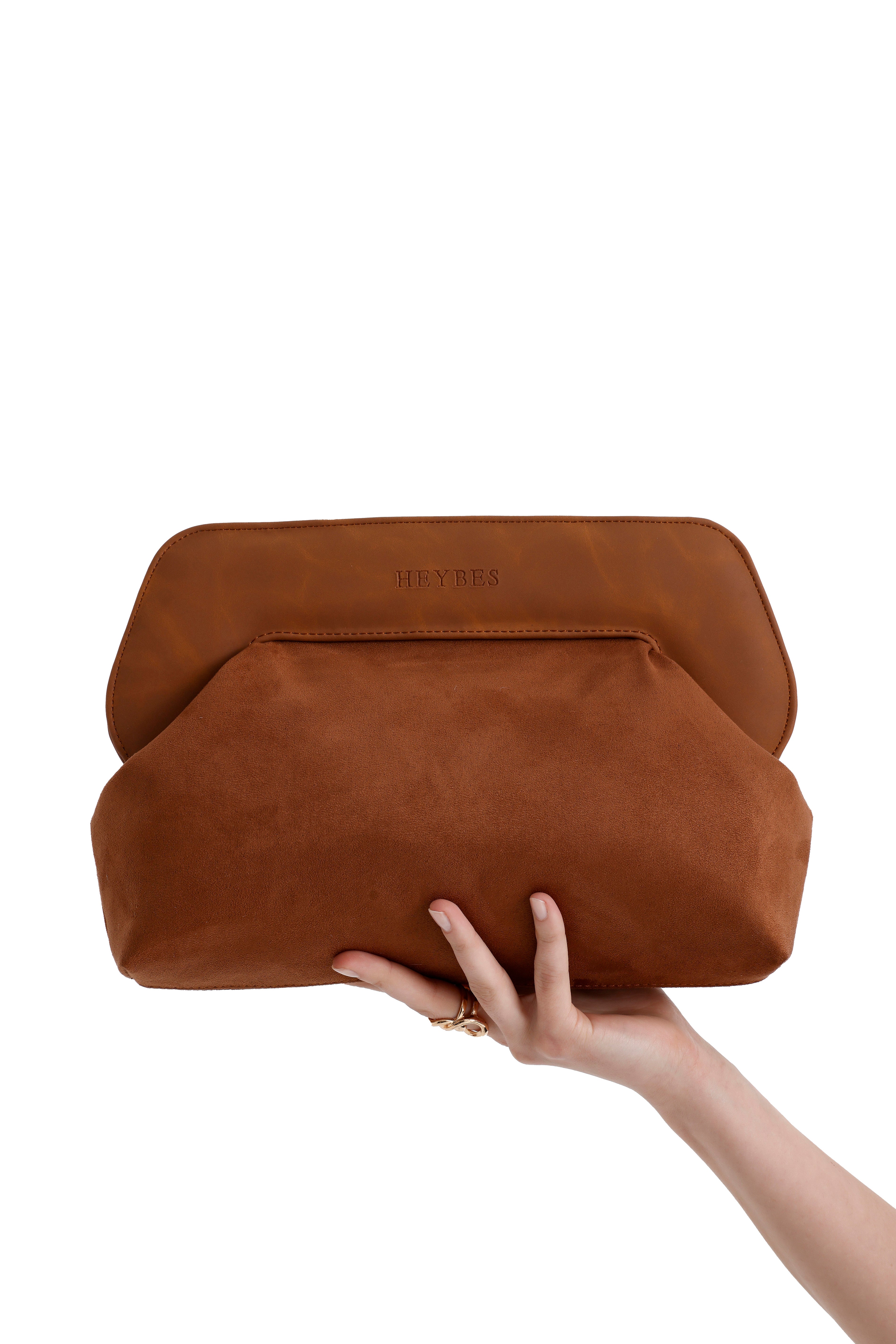 Heybes Kadın Deri Detaylı Süet Clutch El Çantası