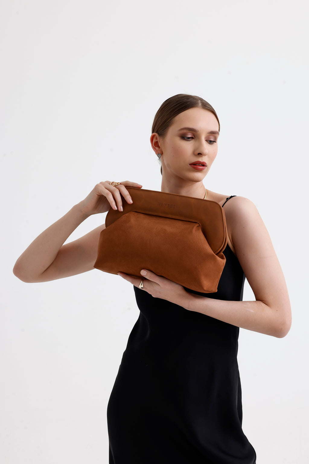 Heybes Kadın Deri Detaylı Süet Clutch El Çantası