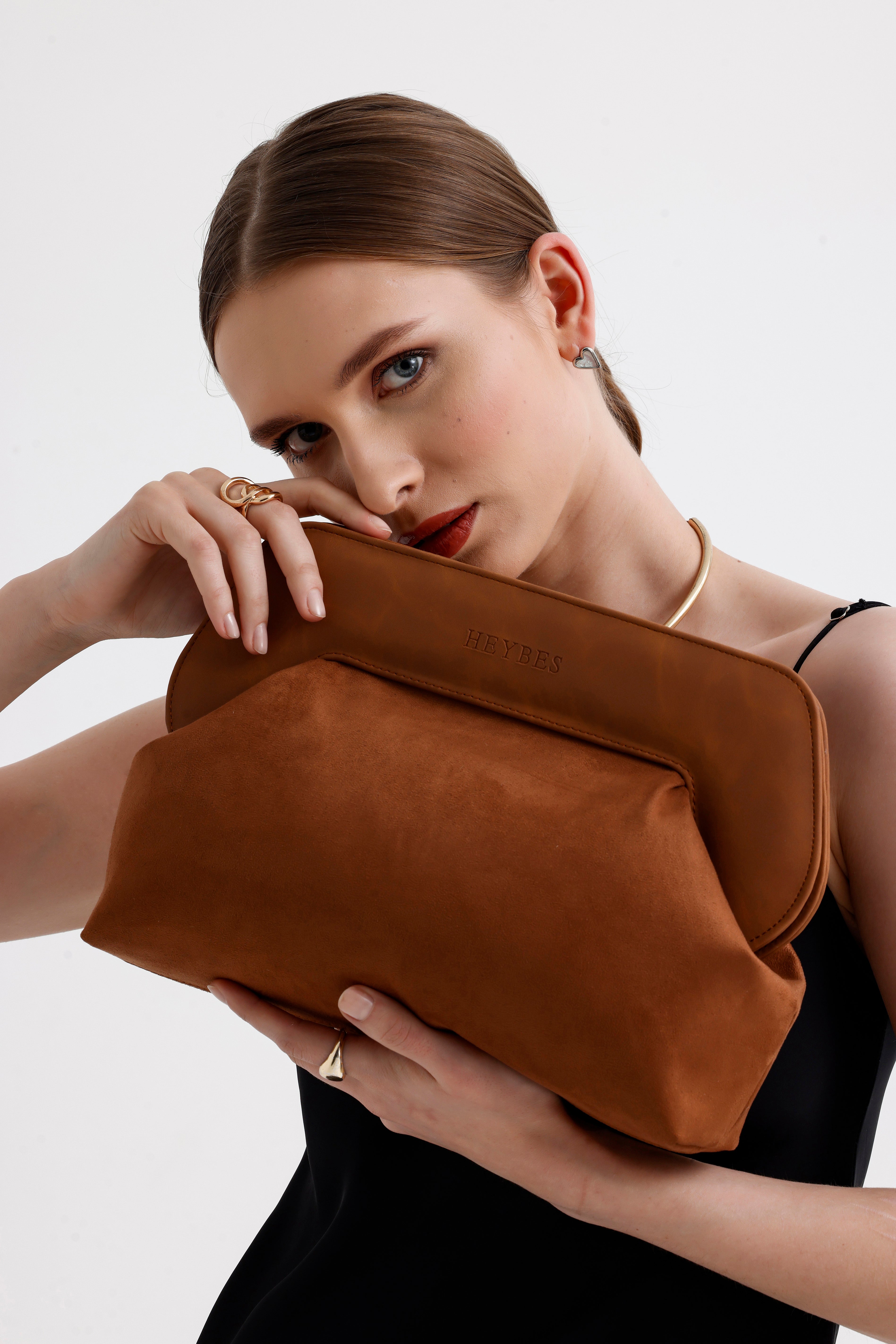 Heybes Kadın Deri Detaylı Süet Clutch El Çantası