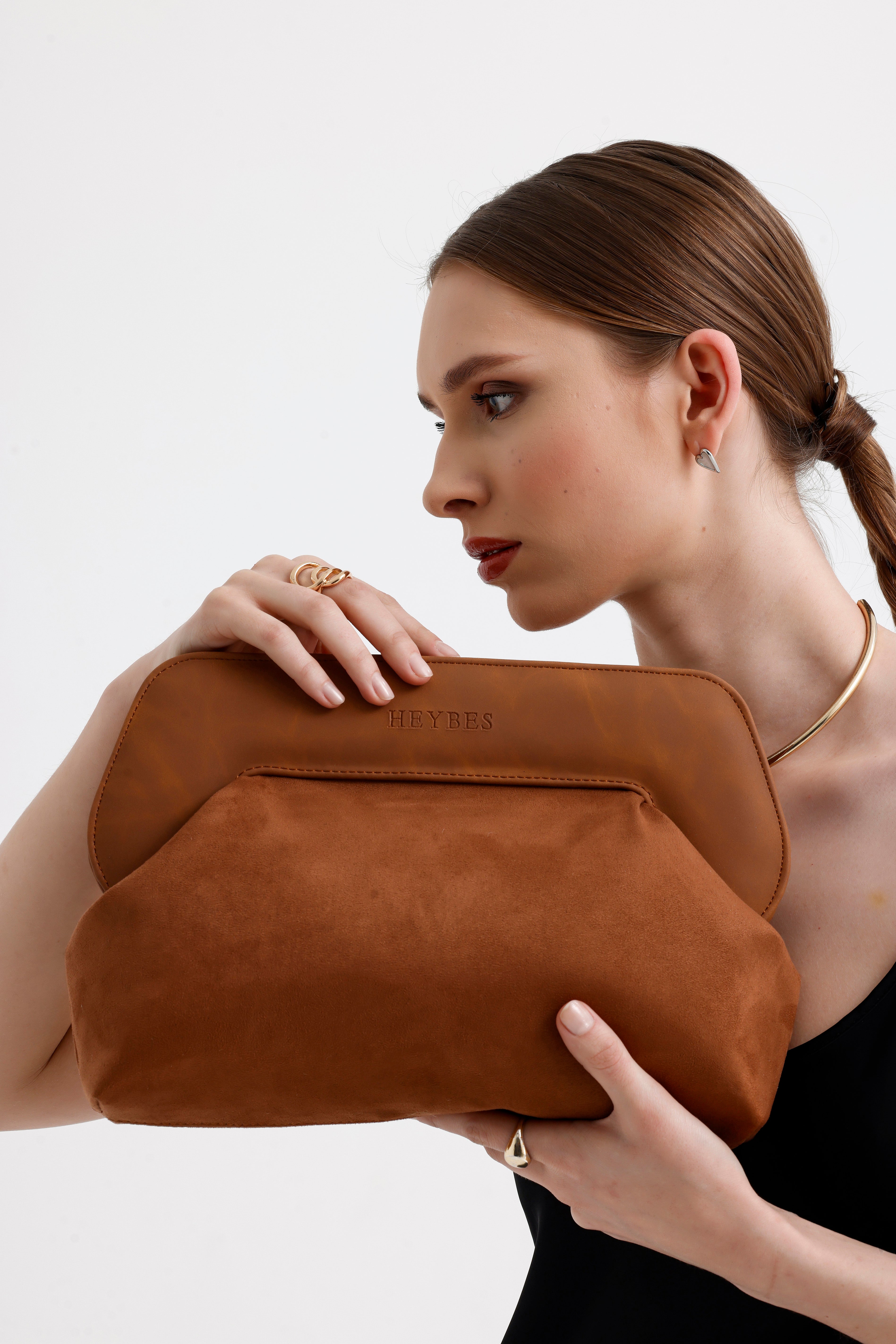 Heybes Kadın Deri Detaylı Süet Clutch El Çantası