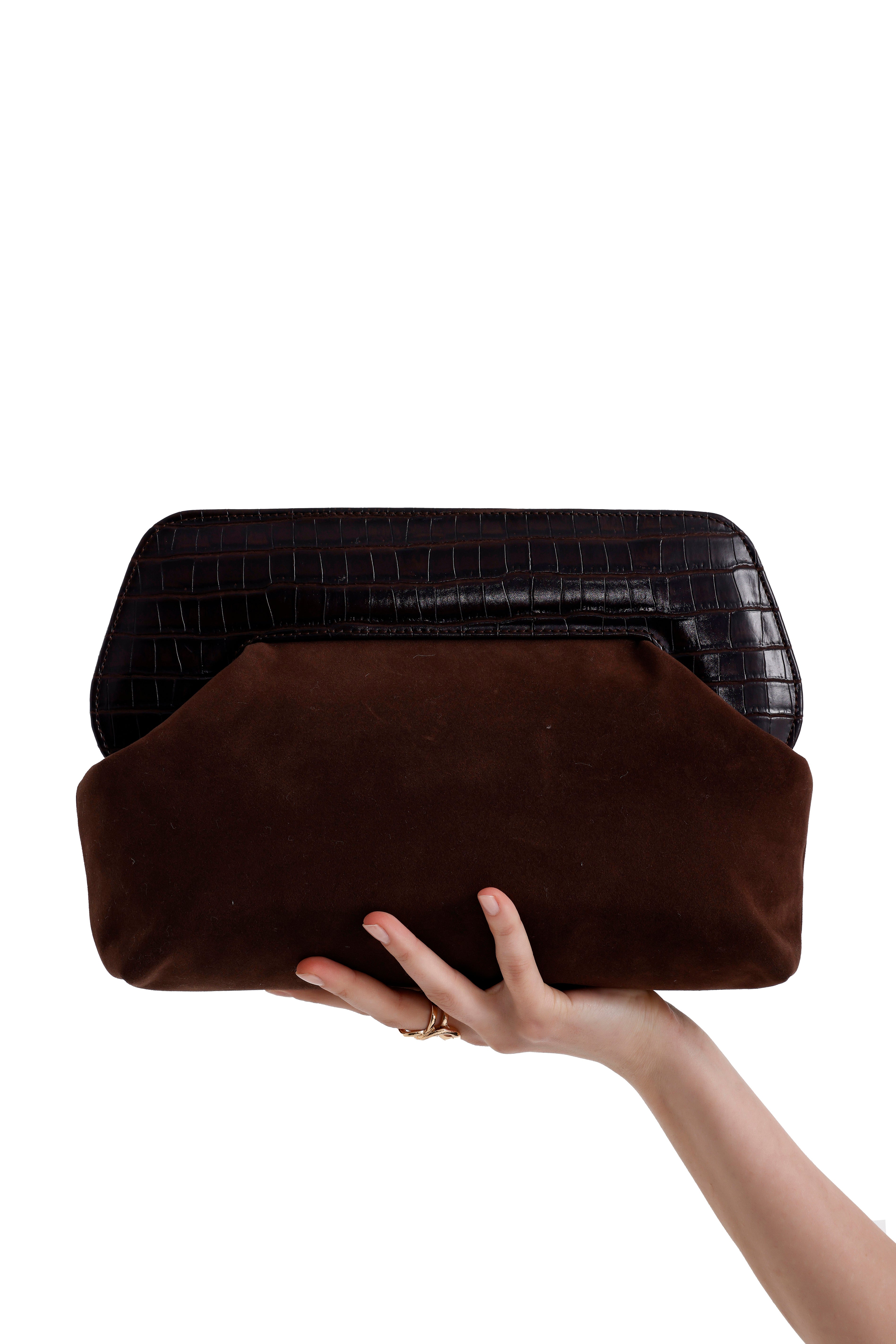 Heybes Kadın Deri Detaylı Süet Clutch El Çantası