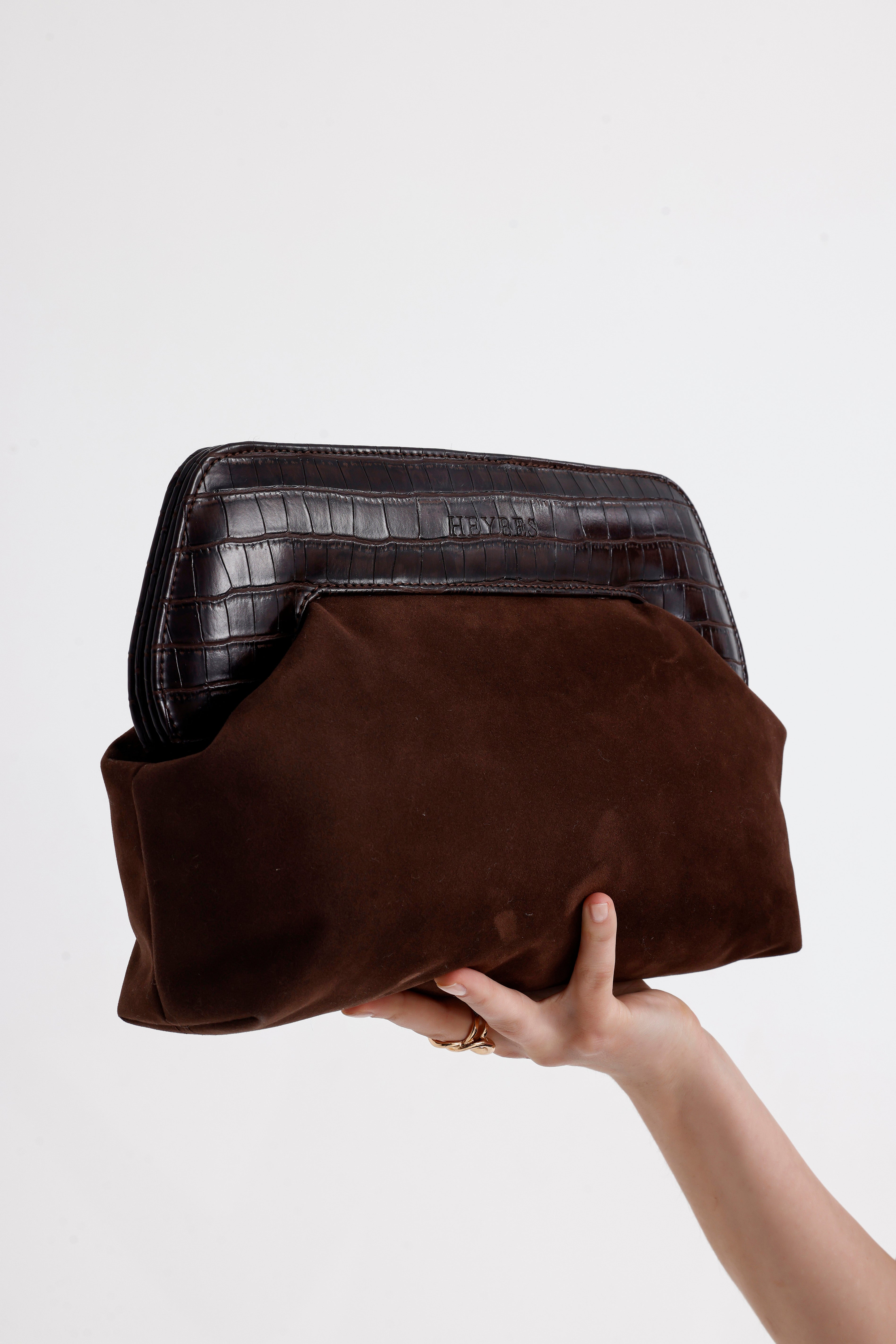 Heybes Kadın Deri Detaylı Süet Clutch El Çantası