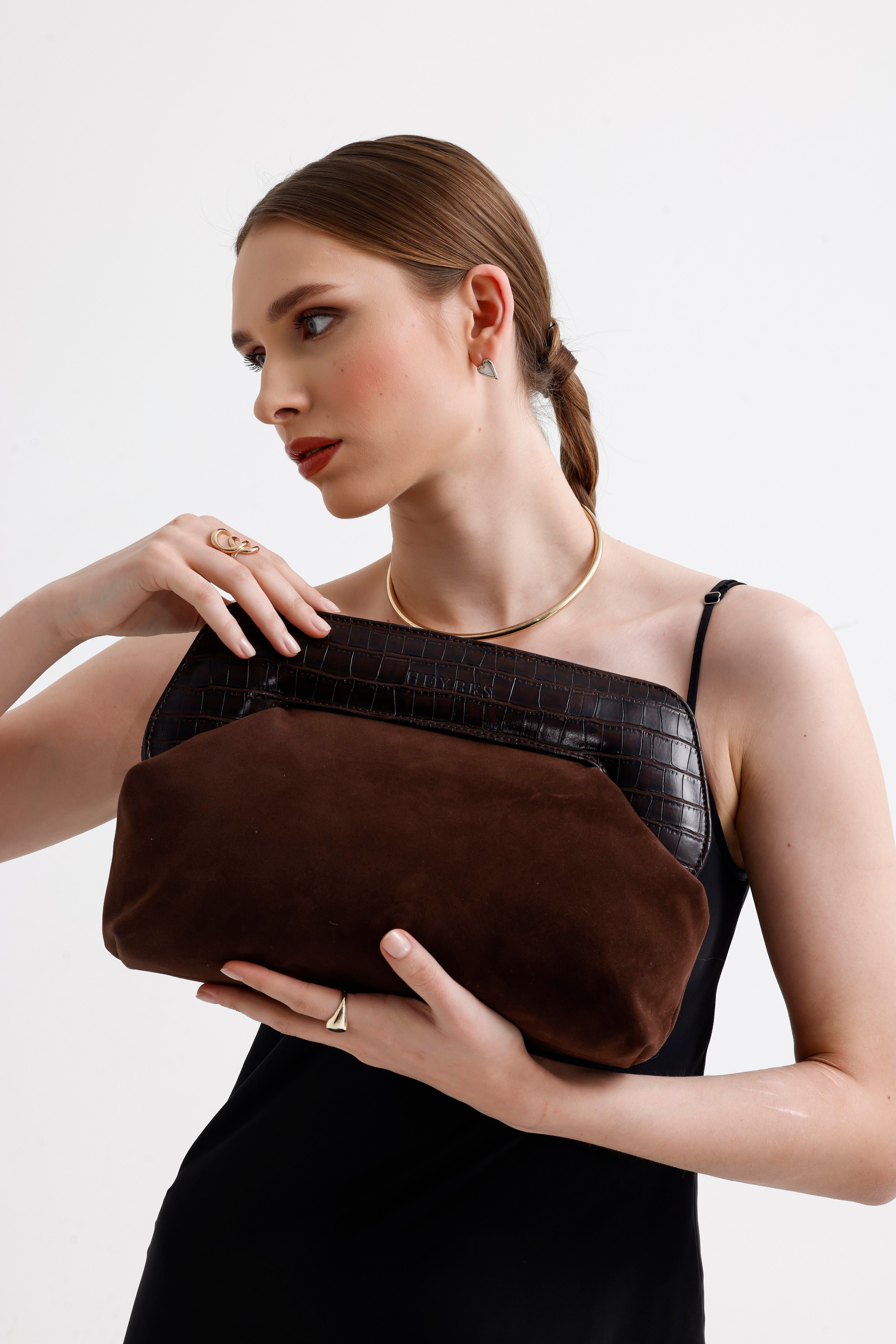 Heybes Kadın Deri Detaylı Süet Clutch El Çantası