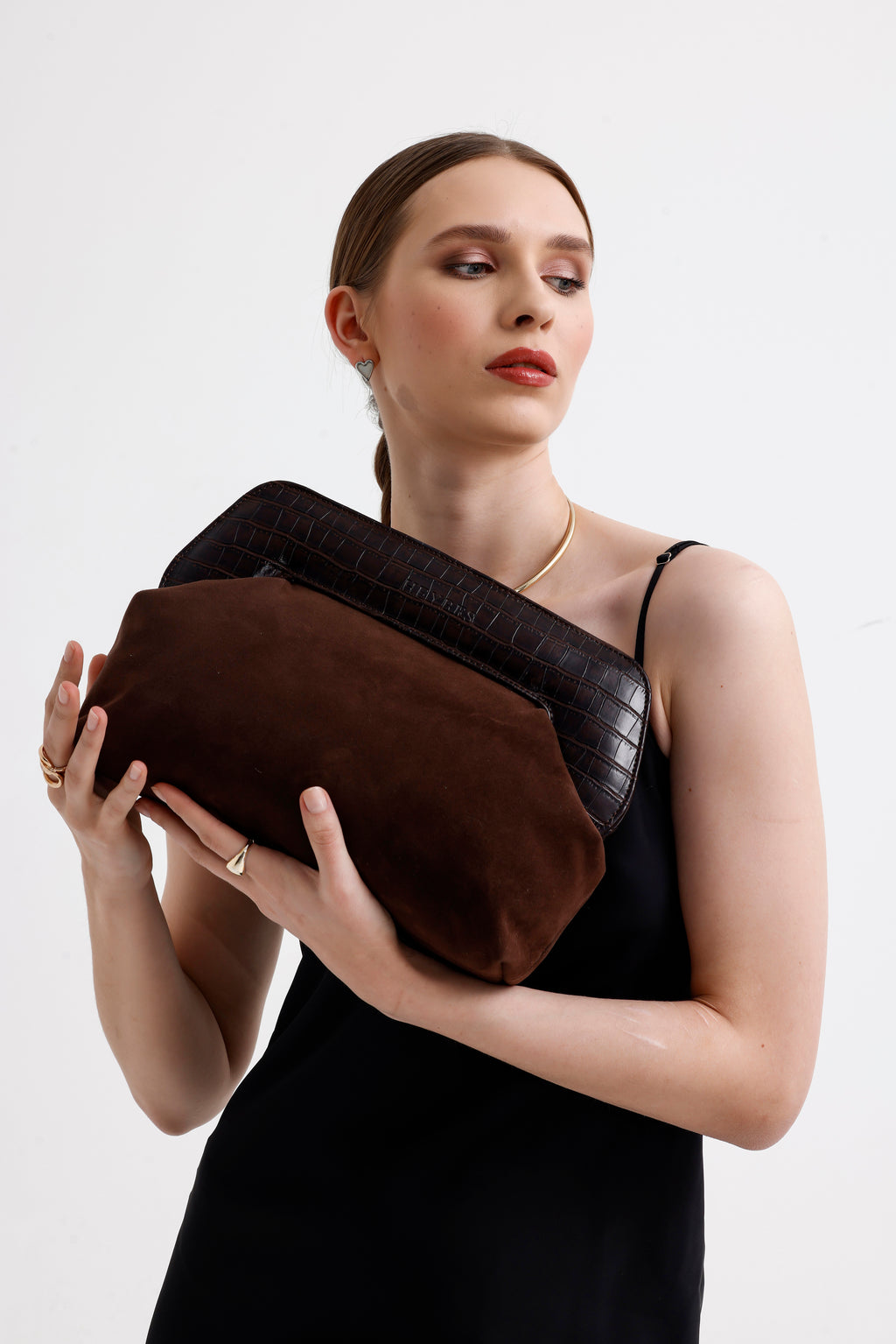 Heybes Kadın Deri Detaylı Süet Clutch El Çantası