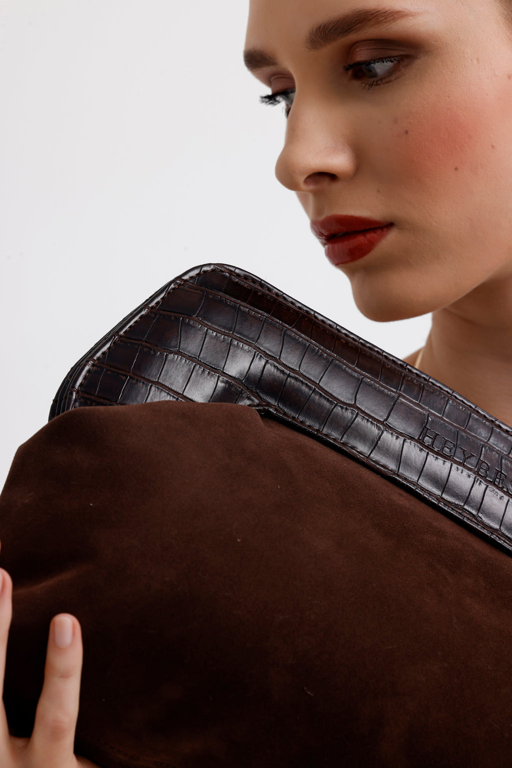 Heybes Kadın Deri Detaylı Süet Clutch El Çantası