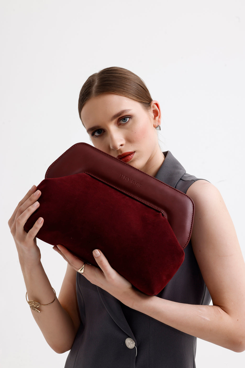 Heybes Kadın Deri Detaylı Süet Clutch El Çantası