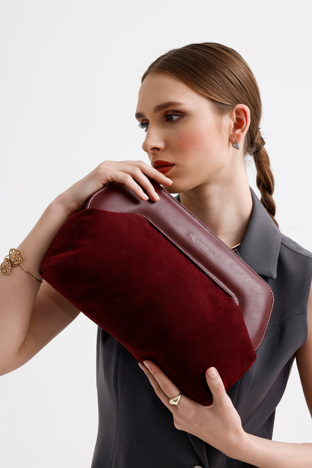 Heybes Kadın Deri Detaylı Süet Clutch El Çantası