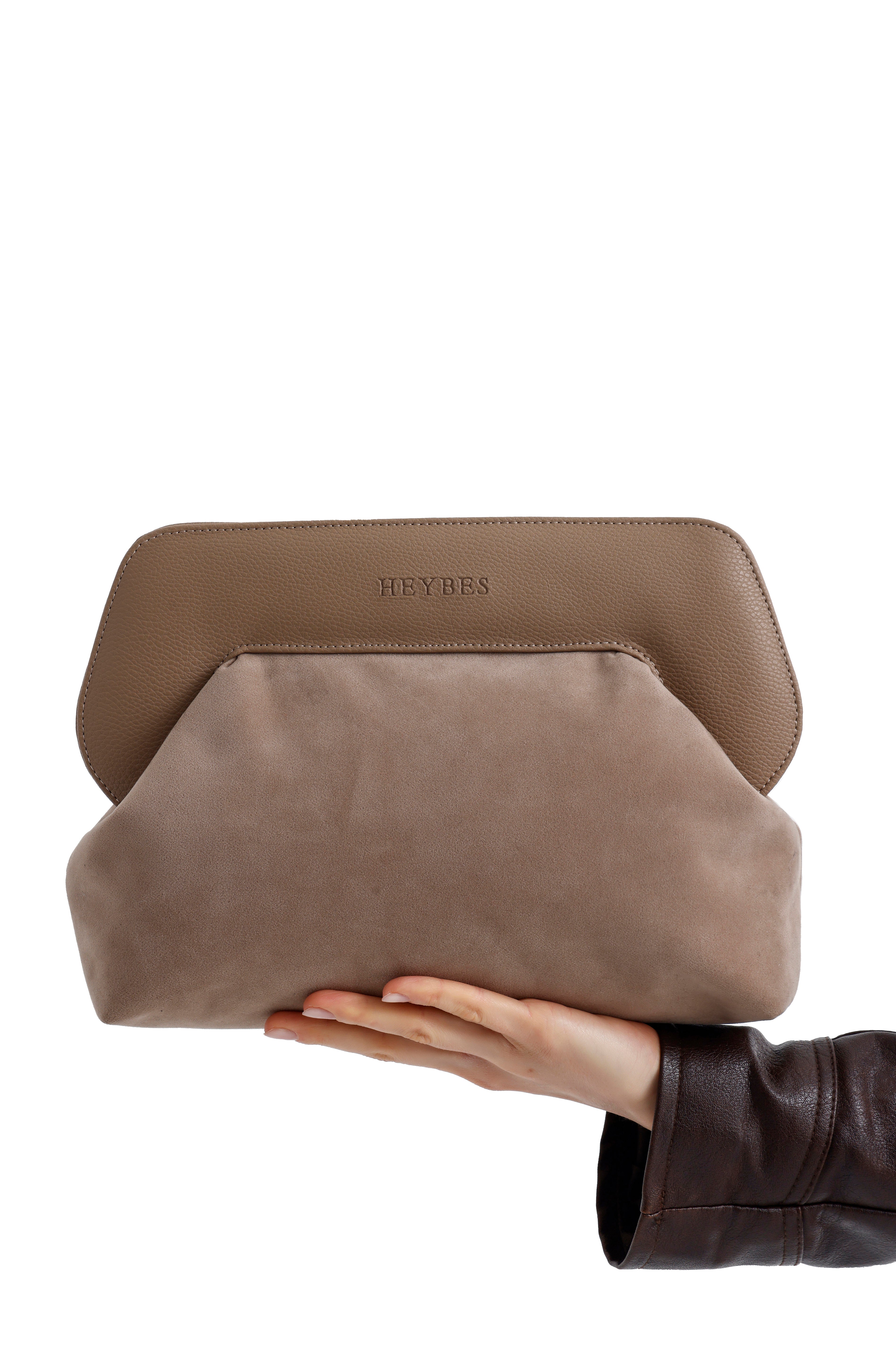 Heybes Kadın Deri Detaylı Süet Clutch El Çantası