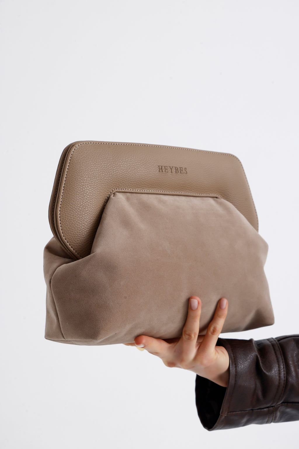 Heybes Kadın Deri Detaylı Süet Clutch El Çantası
