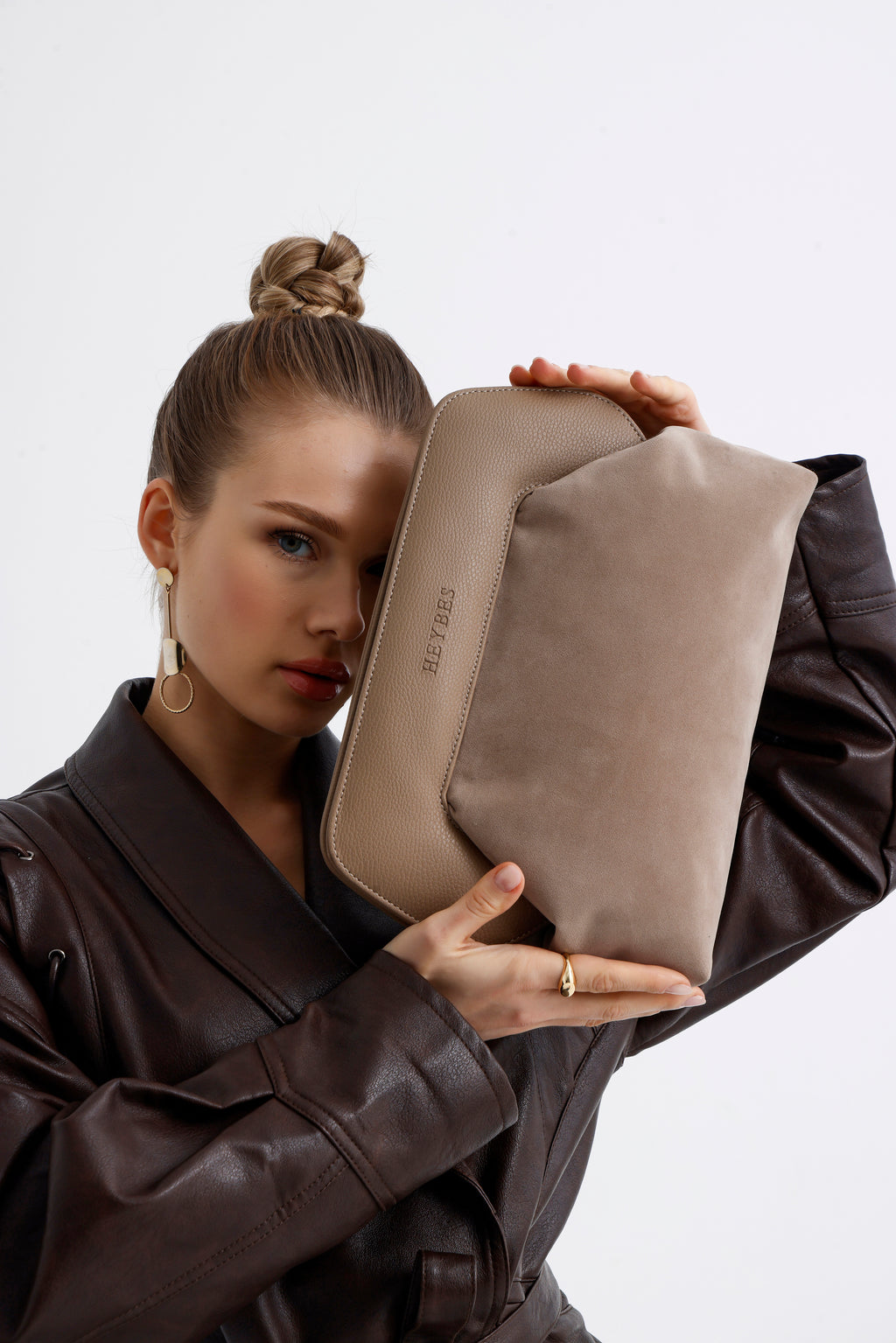 Heybes Kadın Deri Detaylı Süet Clutch El Çantası