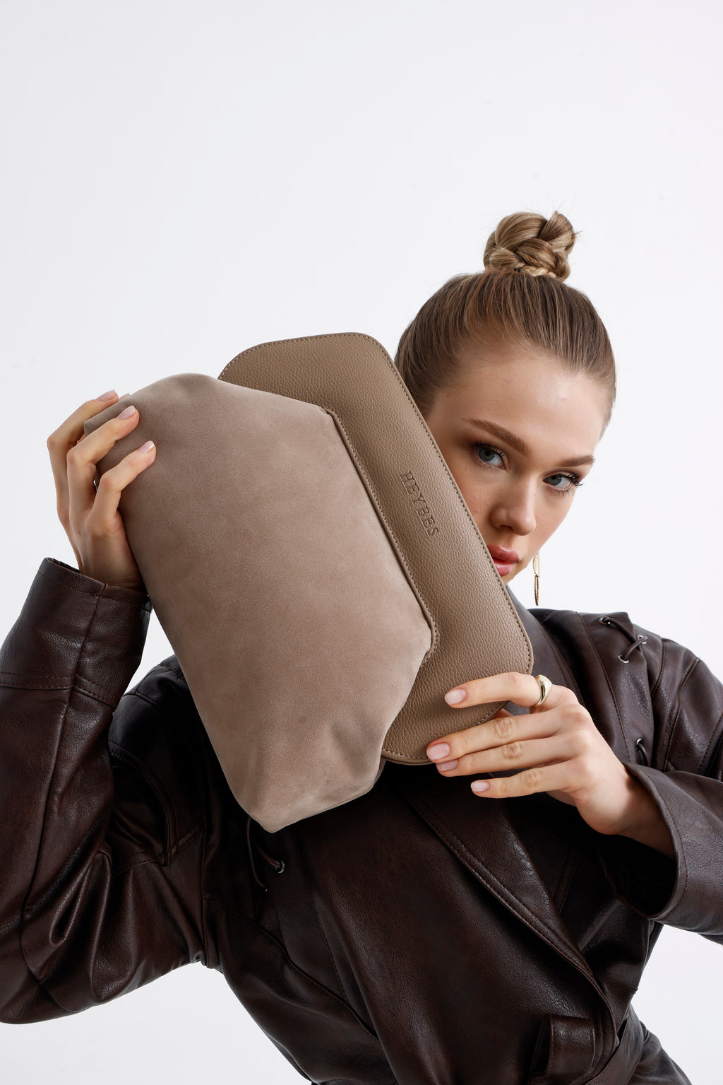 Heybes Kadın Deri Detaylı Süet Clutch El Çantası