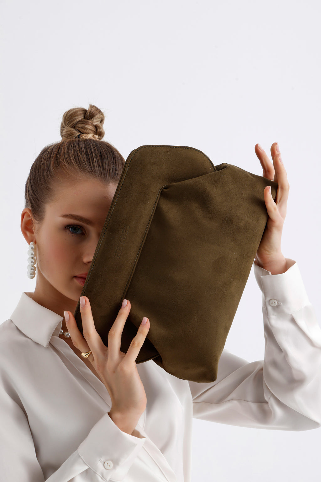 Heybes Kadın Deri Detaylı Süet Clutch El Çantası