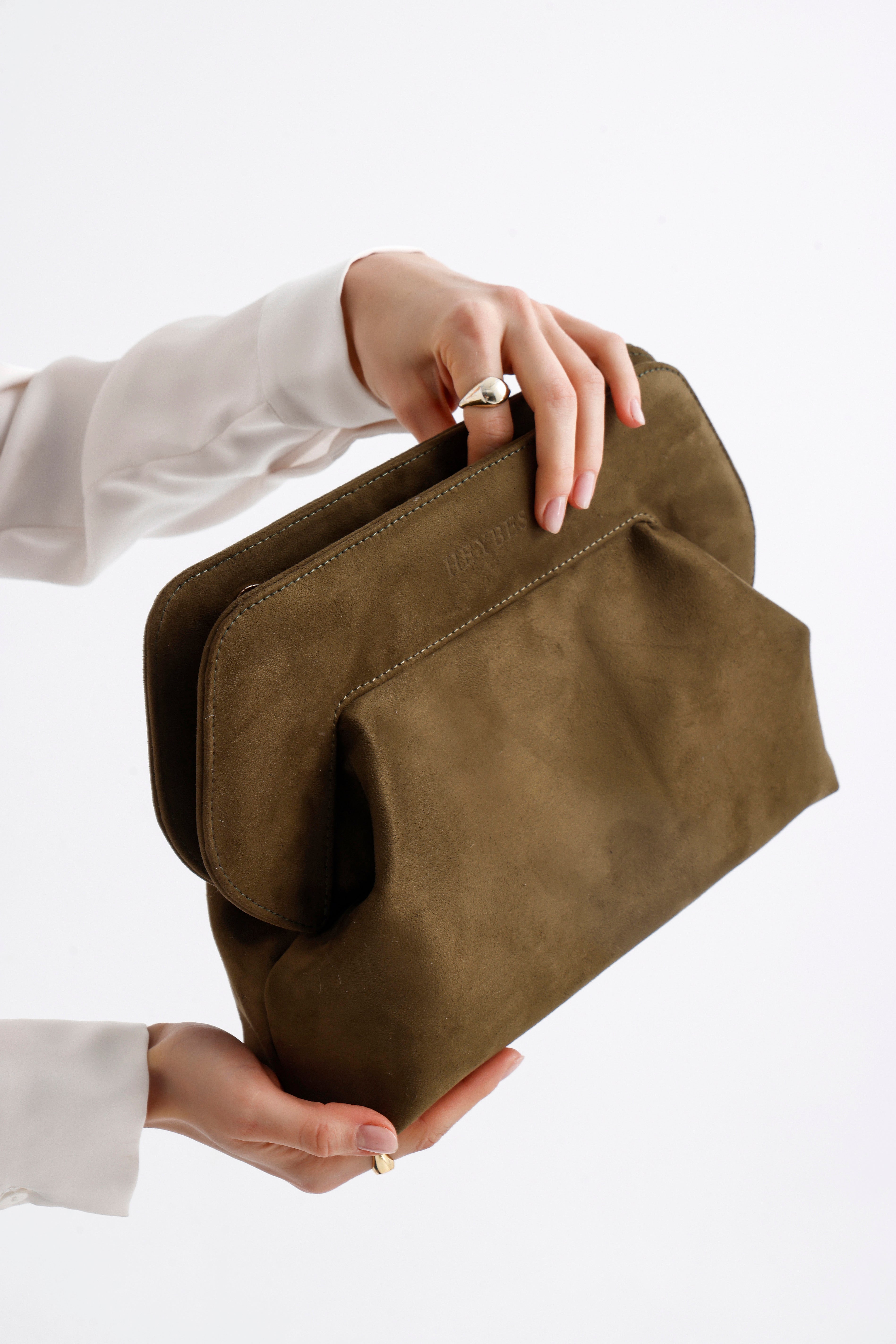 Heybes Kadın Deri Detaylı Süet Clutch El Çantası